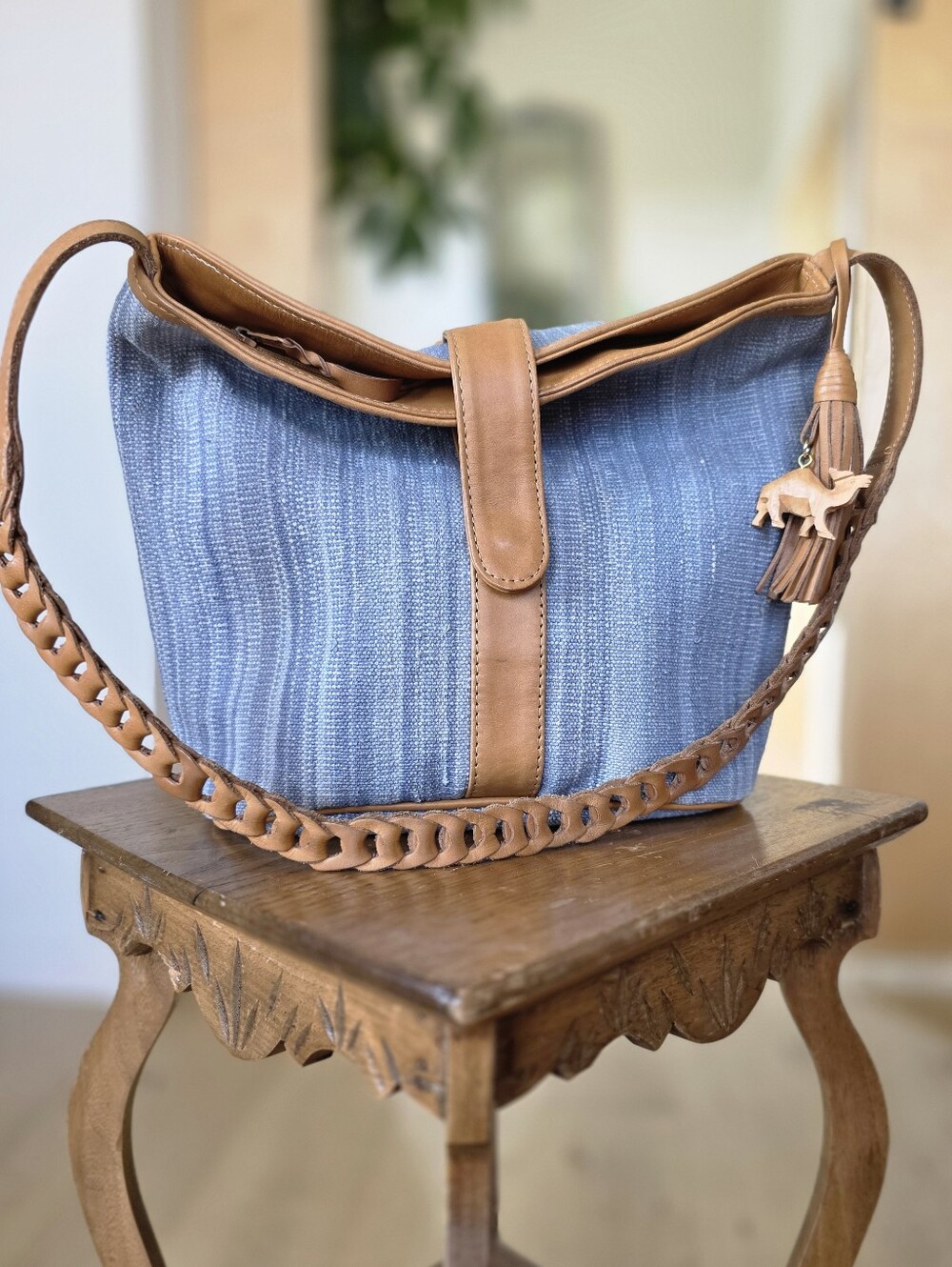 Leather And Cotton Blue Hobo Bag Made In India Purse